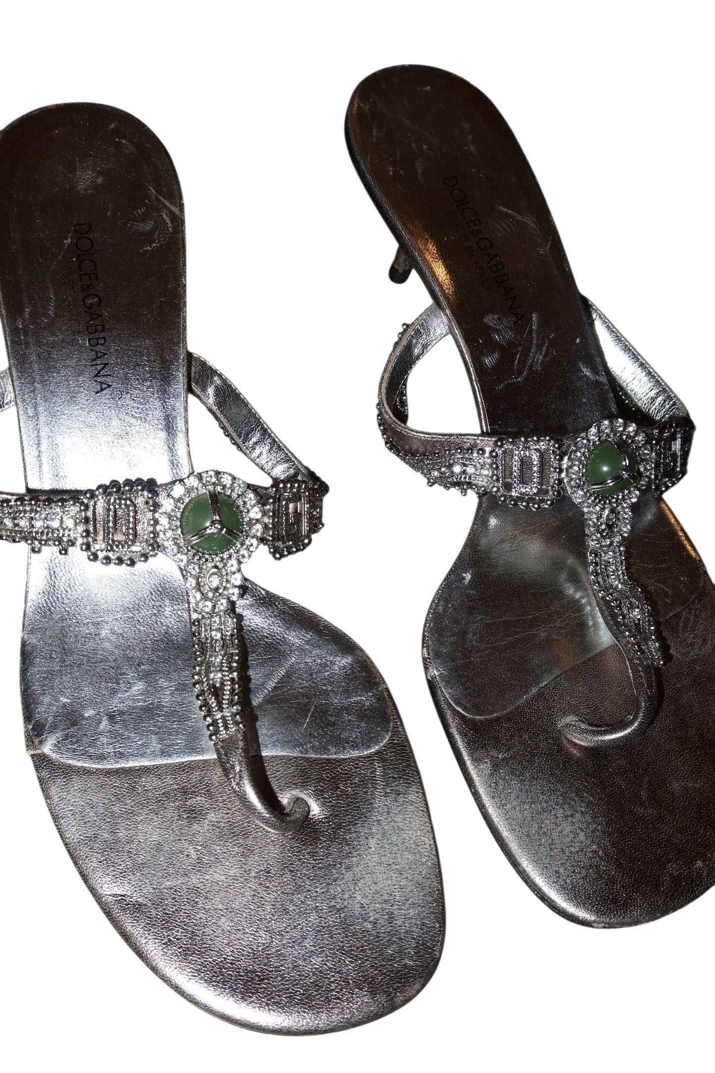 Dolce & Gabbana silver mules with rhinestones, D&G logo and green stone (38.5)