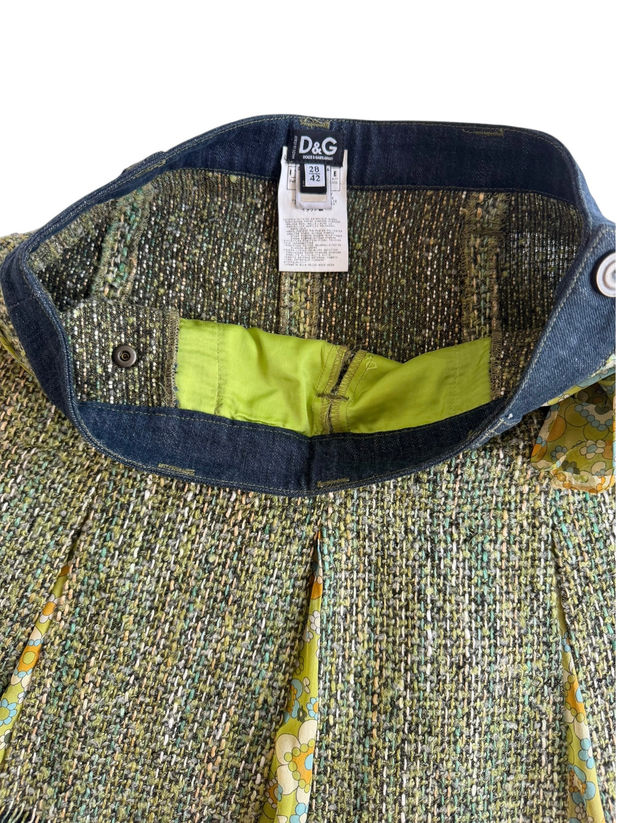 Dolce & Gabbana denim and green tweed mini skirt