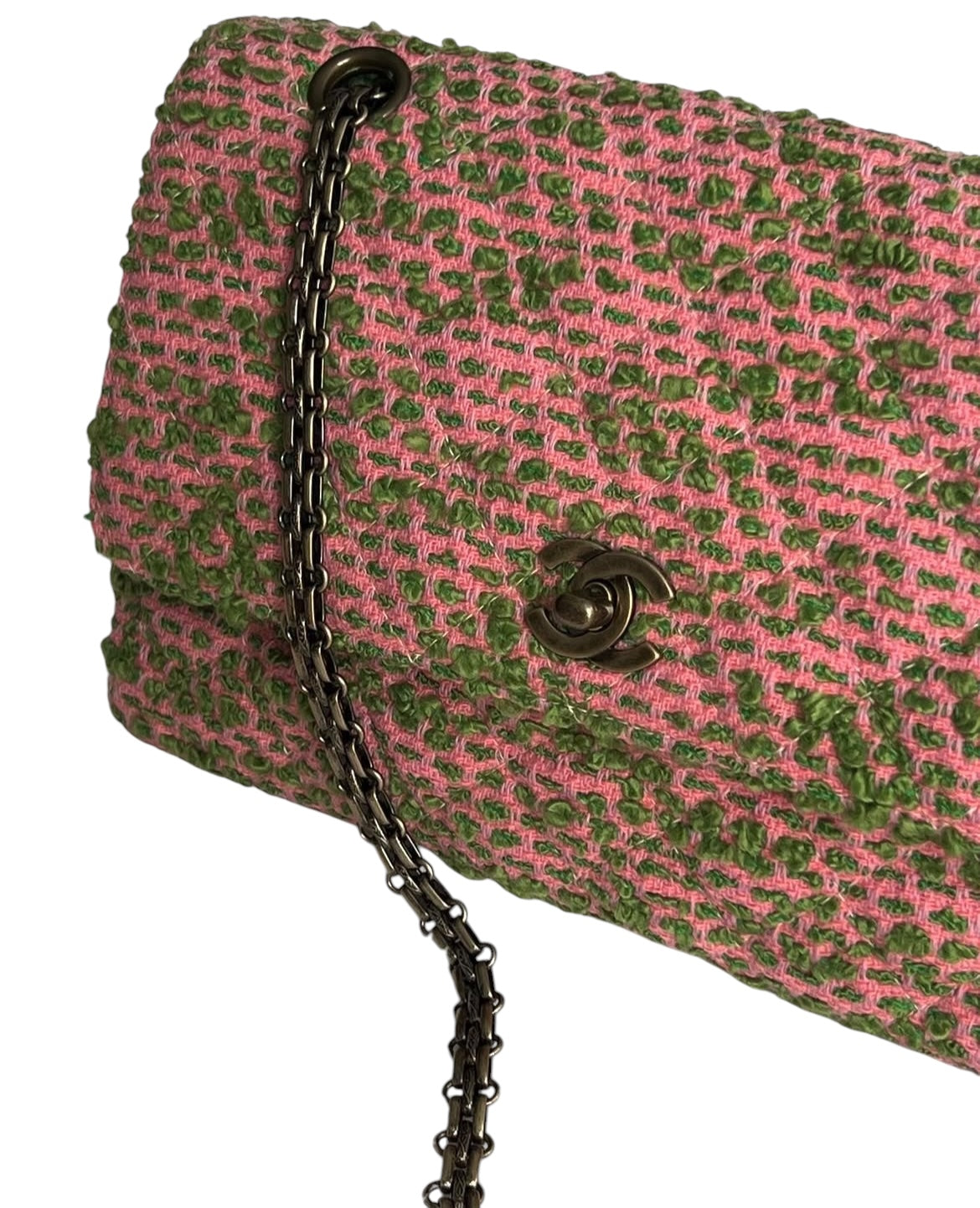 Rare Chanel flap bag quilted in pink and green tweed, reissue chain