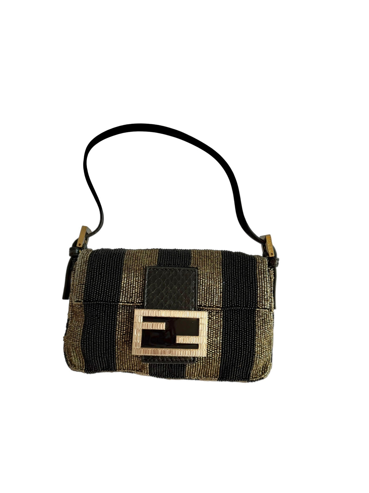 Fendi mini gold and black sequin baguette bag