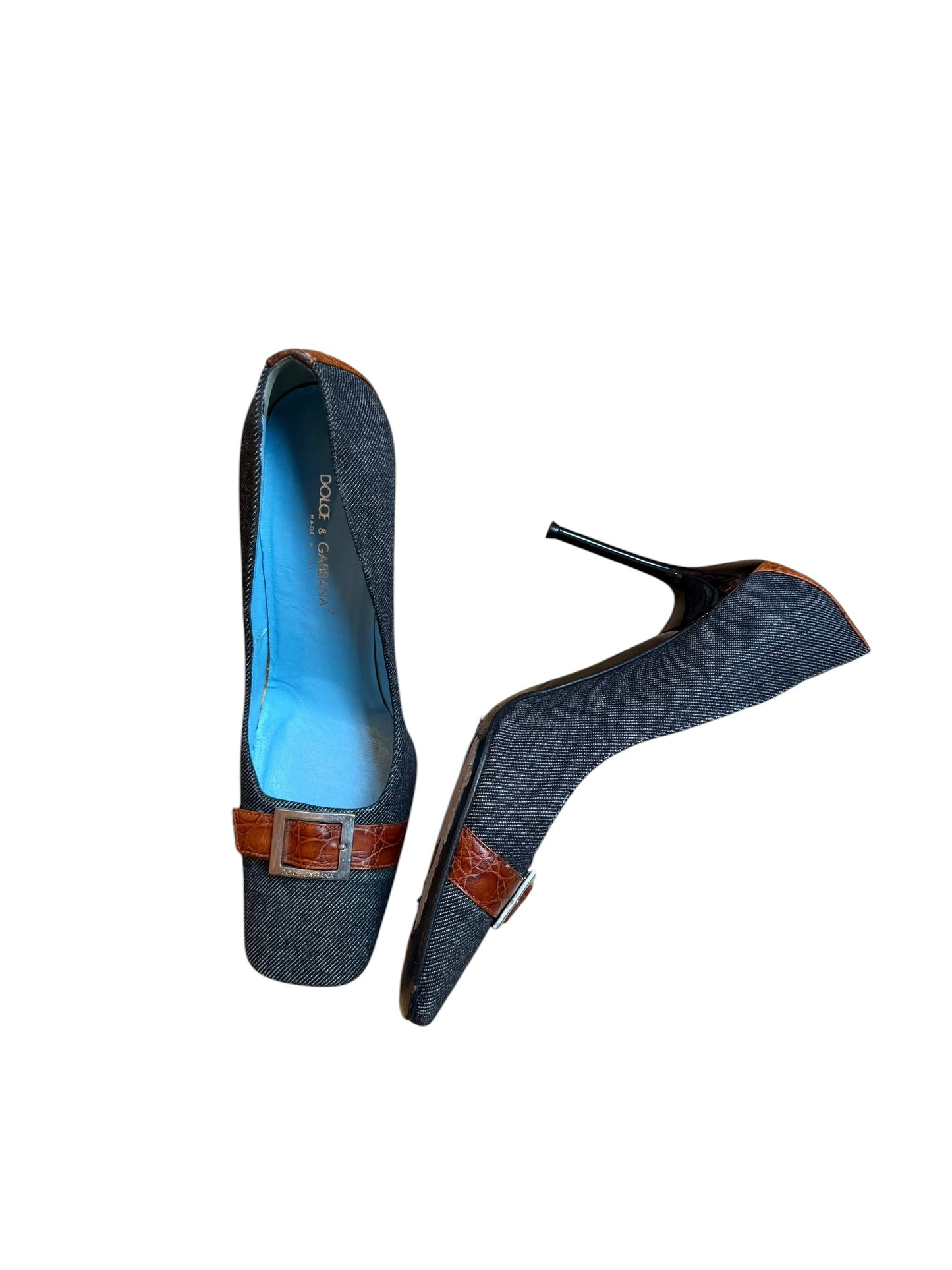 Dolce & Gabbana denim square toe heels with front leather strap (38)