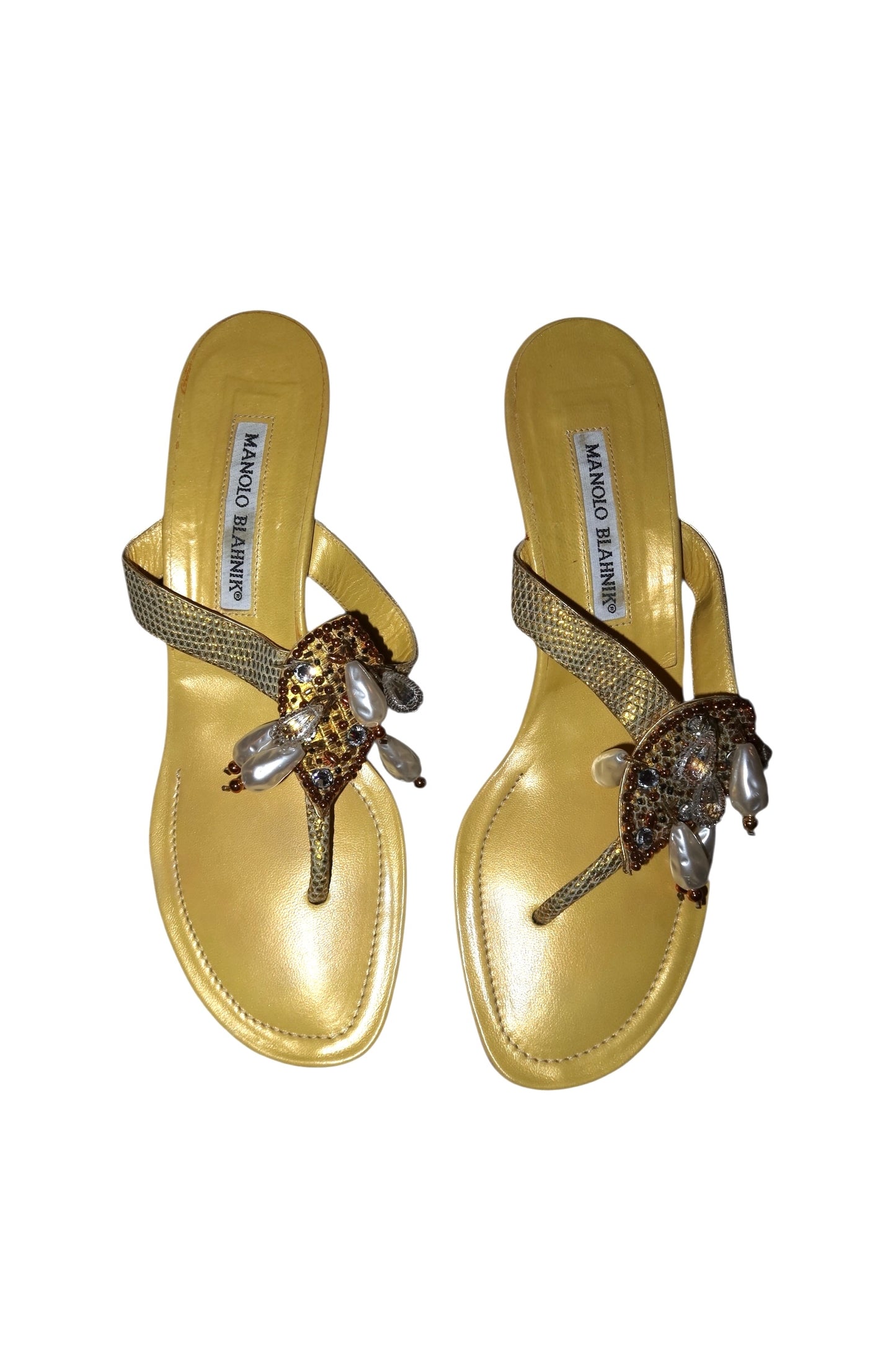 Manolo Blahnik yellow pearl and lizard sandal heels (38.5)