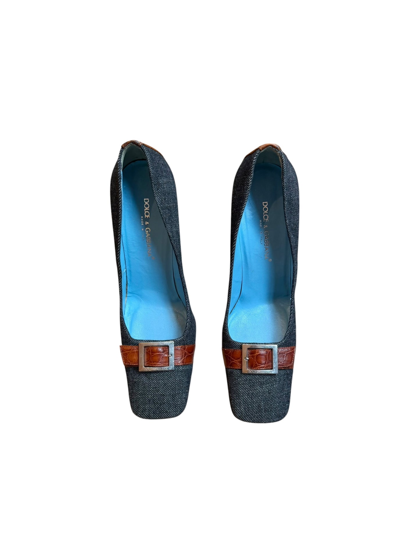 Dolce & Gabbana denim square toe heels with front leather strap (38)