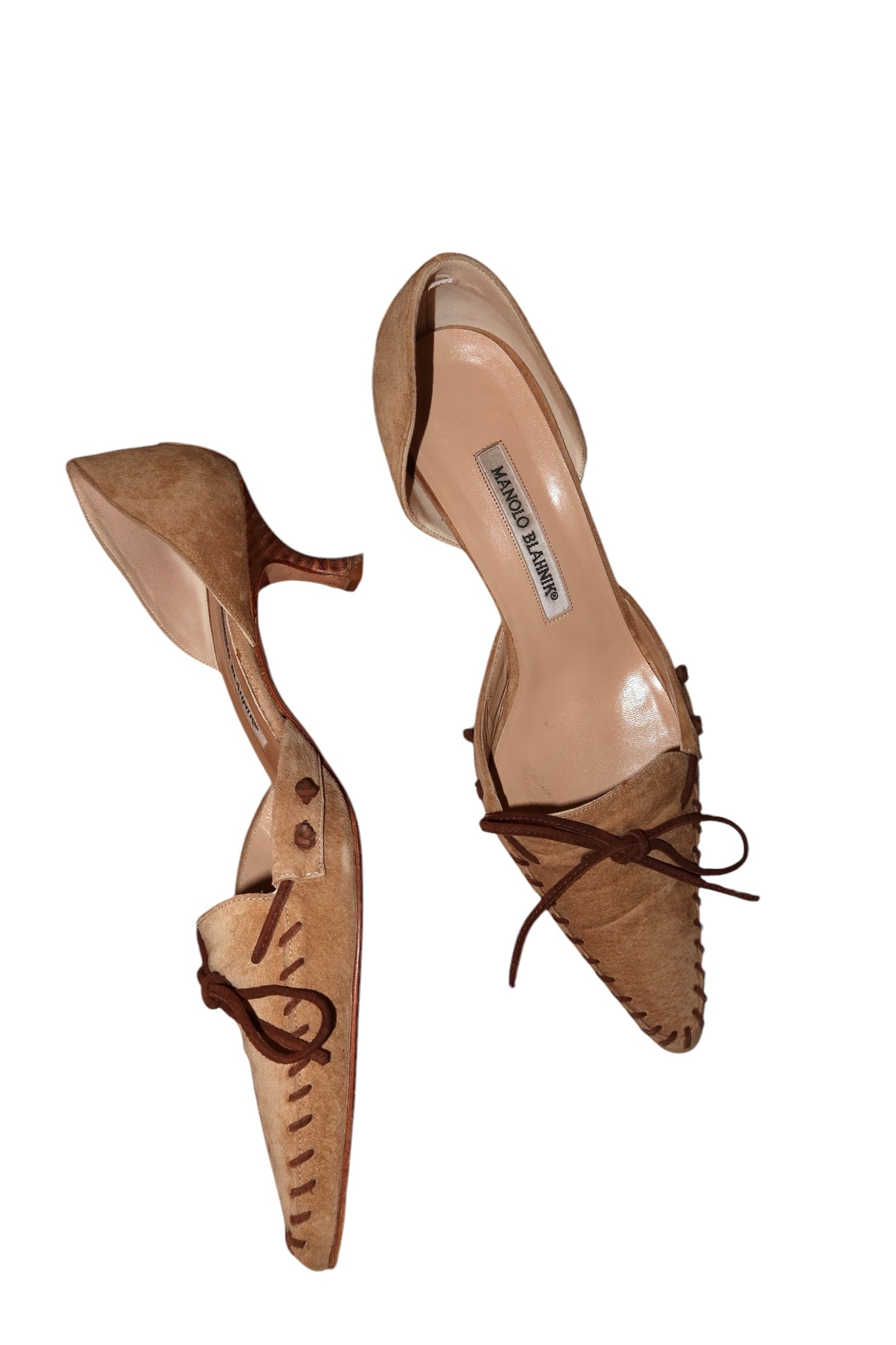 Manolo Blahnik light brown suede d’orsay heels with dark brown bows (39.5)