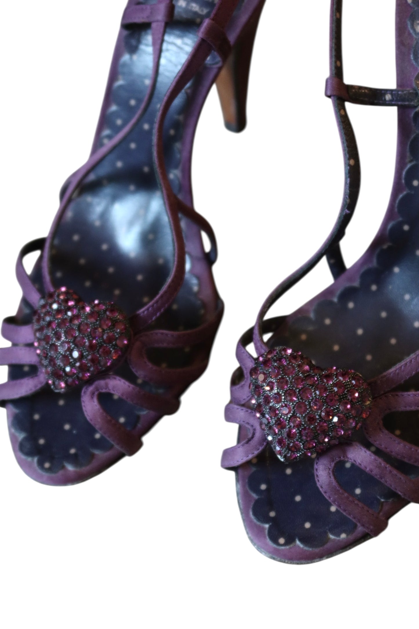 Moschino purple heels with rhinestone heart