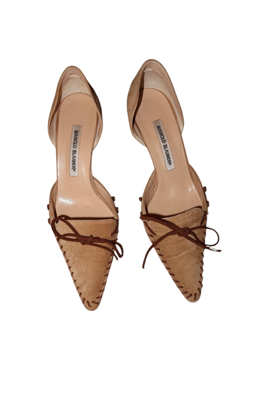 Manolo Blahnik light brown suede d’orsay heels with dark brown bows (39.5)