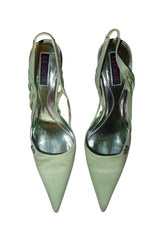 Escada mint green satin slingback heels with crystal logo (38)