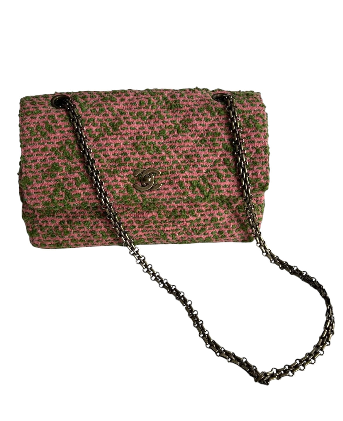 Rare Chanel flap bag quilted in pink and green tweed, reissue chain