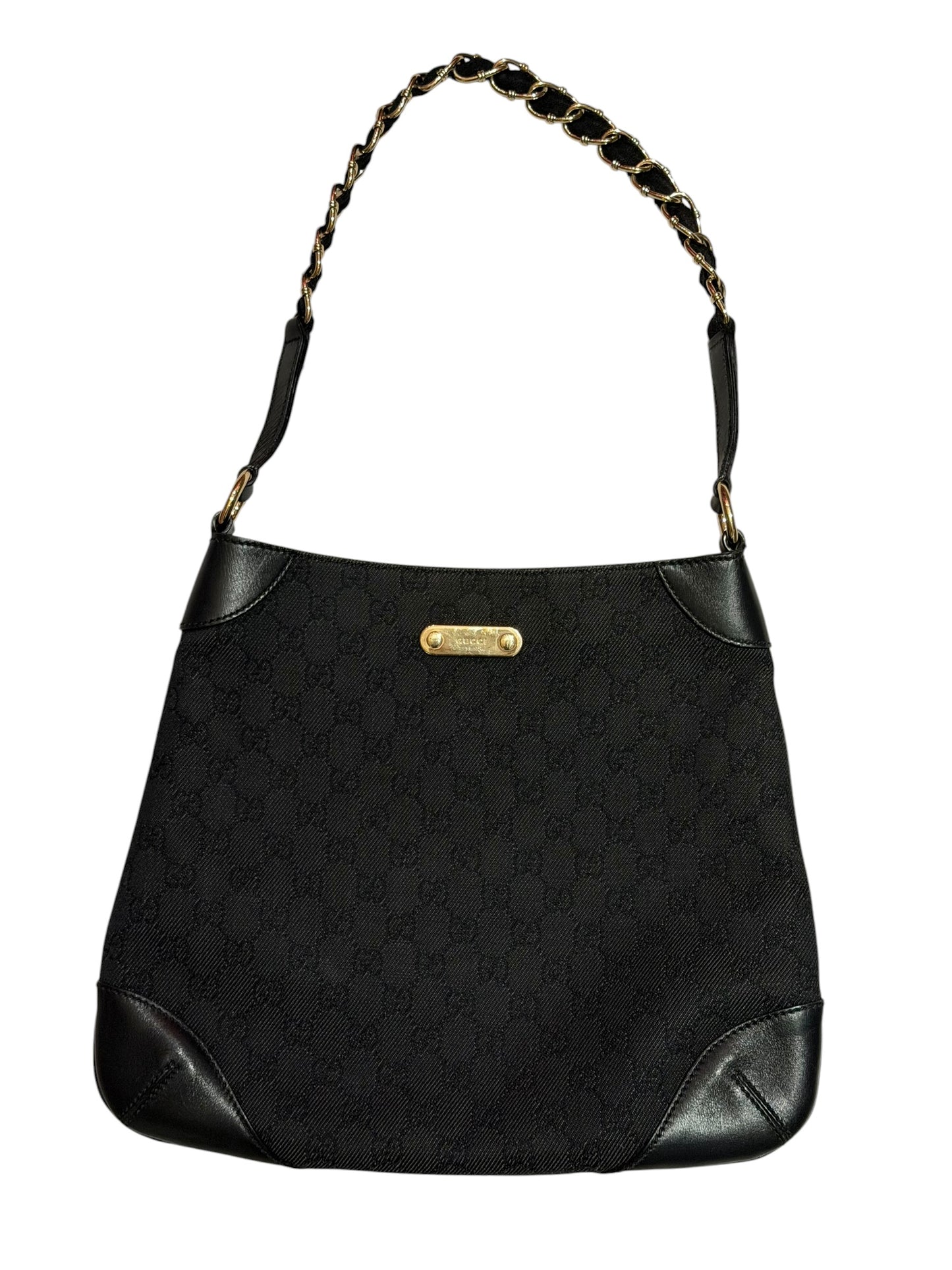 Gucci black gg canvas and leather bag with gold chains