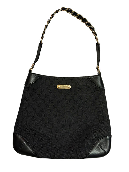 Gucci black gg canvas and leather bag with gold chains