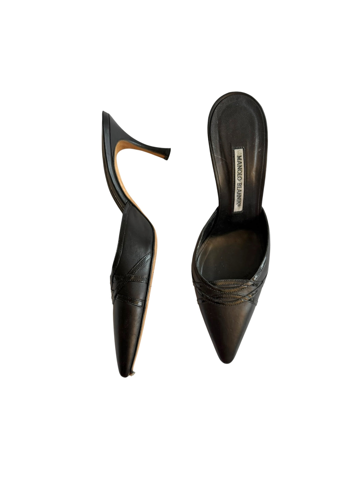 Manolo Blahnik black leather criss cross detail mules (38.5)