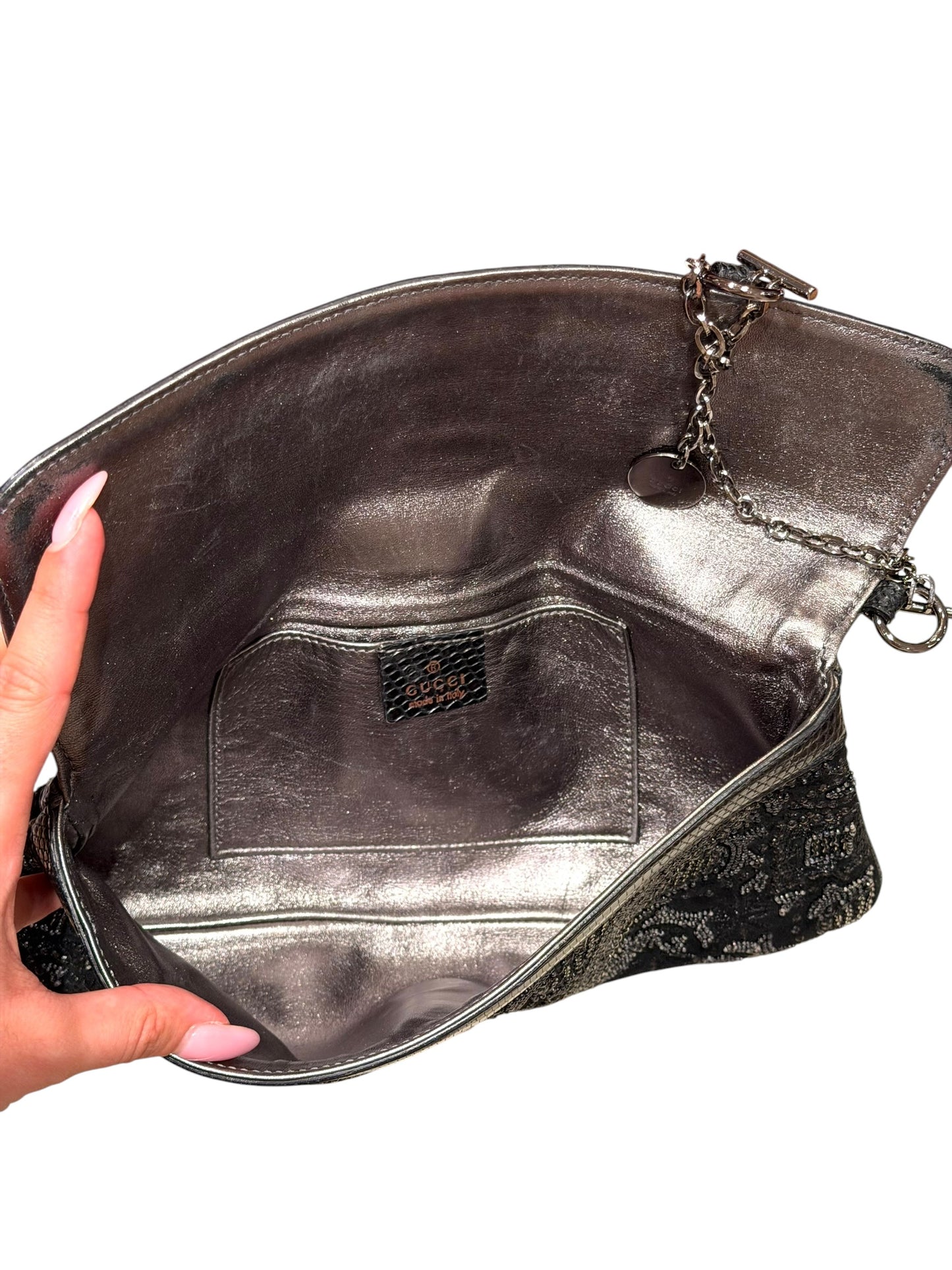 Gucci limited edition black beaded silver belt buckle clutch
