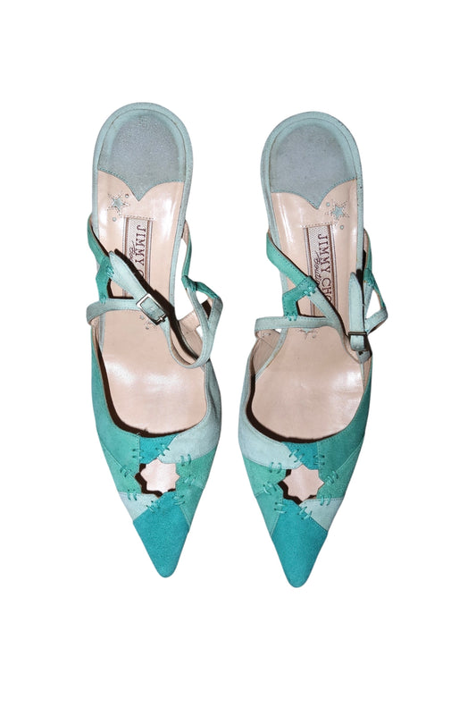 Jimmy Choo multi blue suede patchwork slingback heels (38.5)
