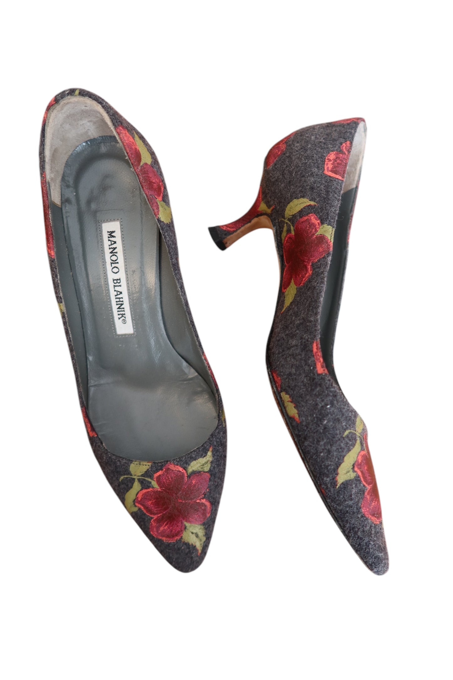 Manolo Blahnik grey wool heels with flower print (36)
