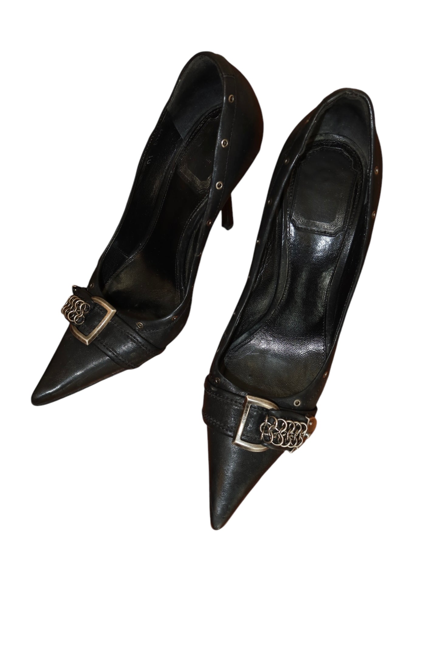 Dior black leather heels with iconic D buckle chain embellishment (36.5)