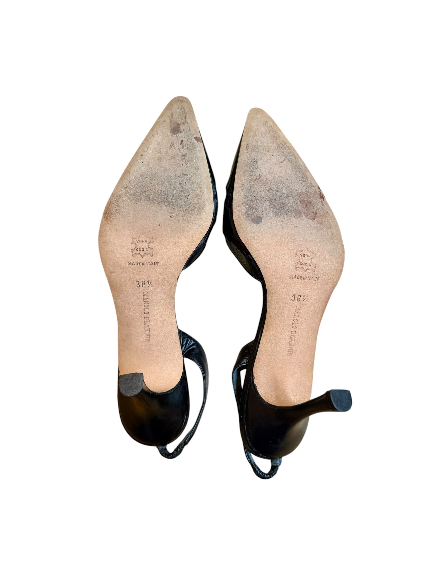 Manolo Blahnik black leather laser cut detail heels (38.5)