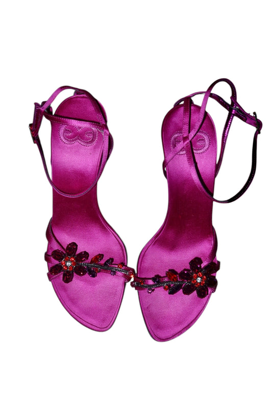 Escada fuchsia satin heels with crystal floral design (36.5)