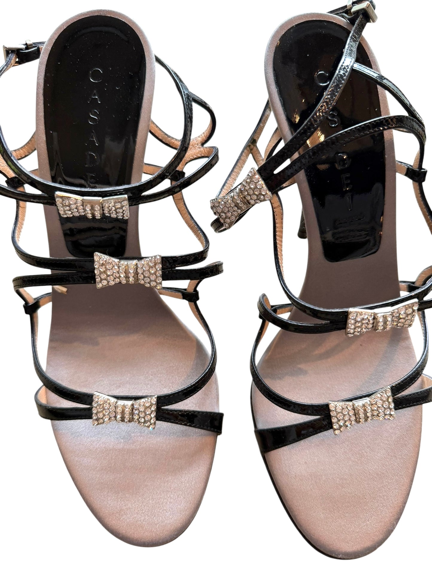 Casadei black patent leather heels with rhinestone bows (8.5)