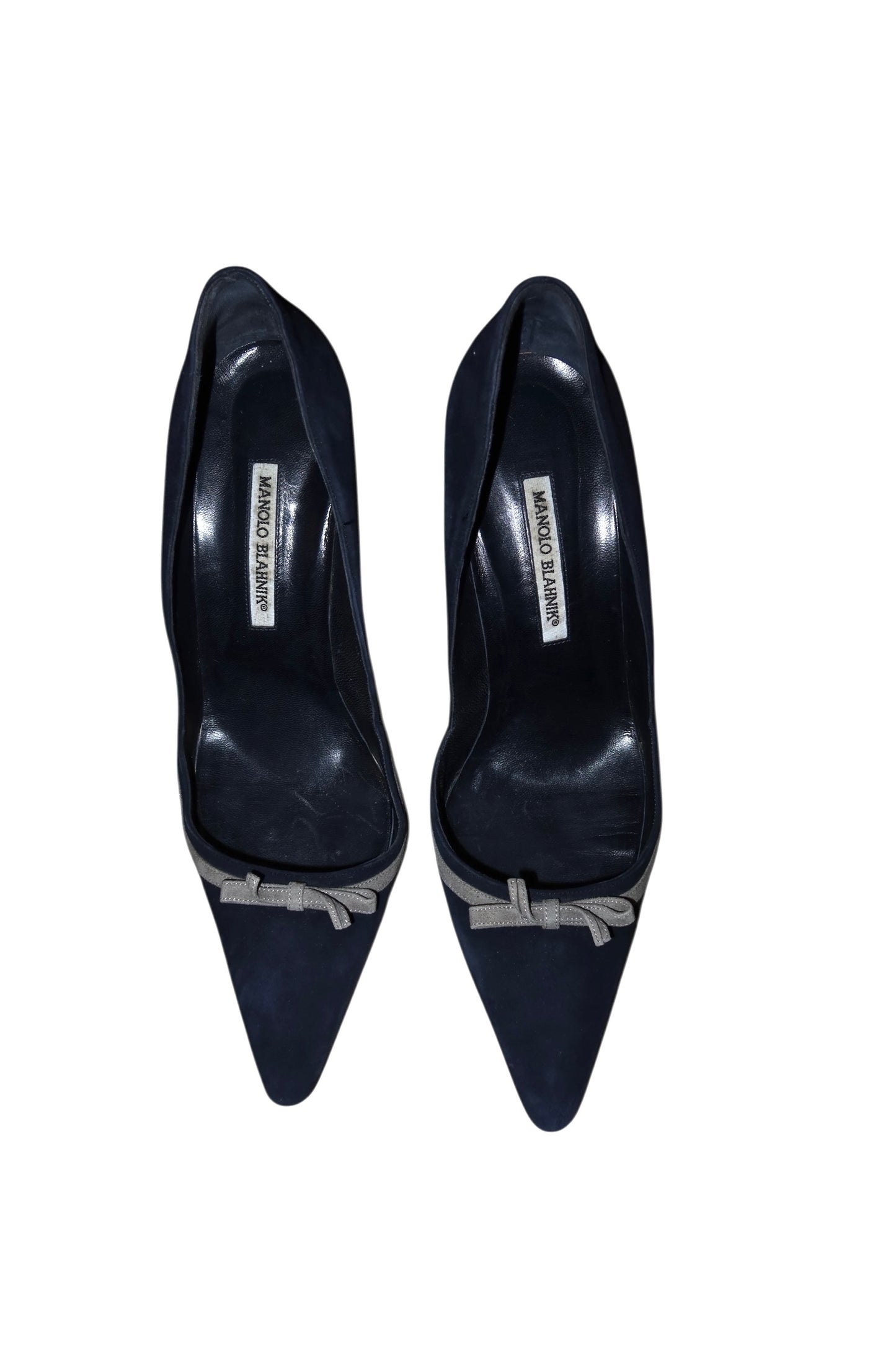 Manolo Blahnik blue suede heels with grey bow details (41.5)