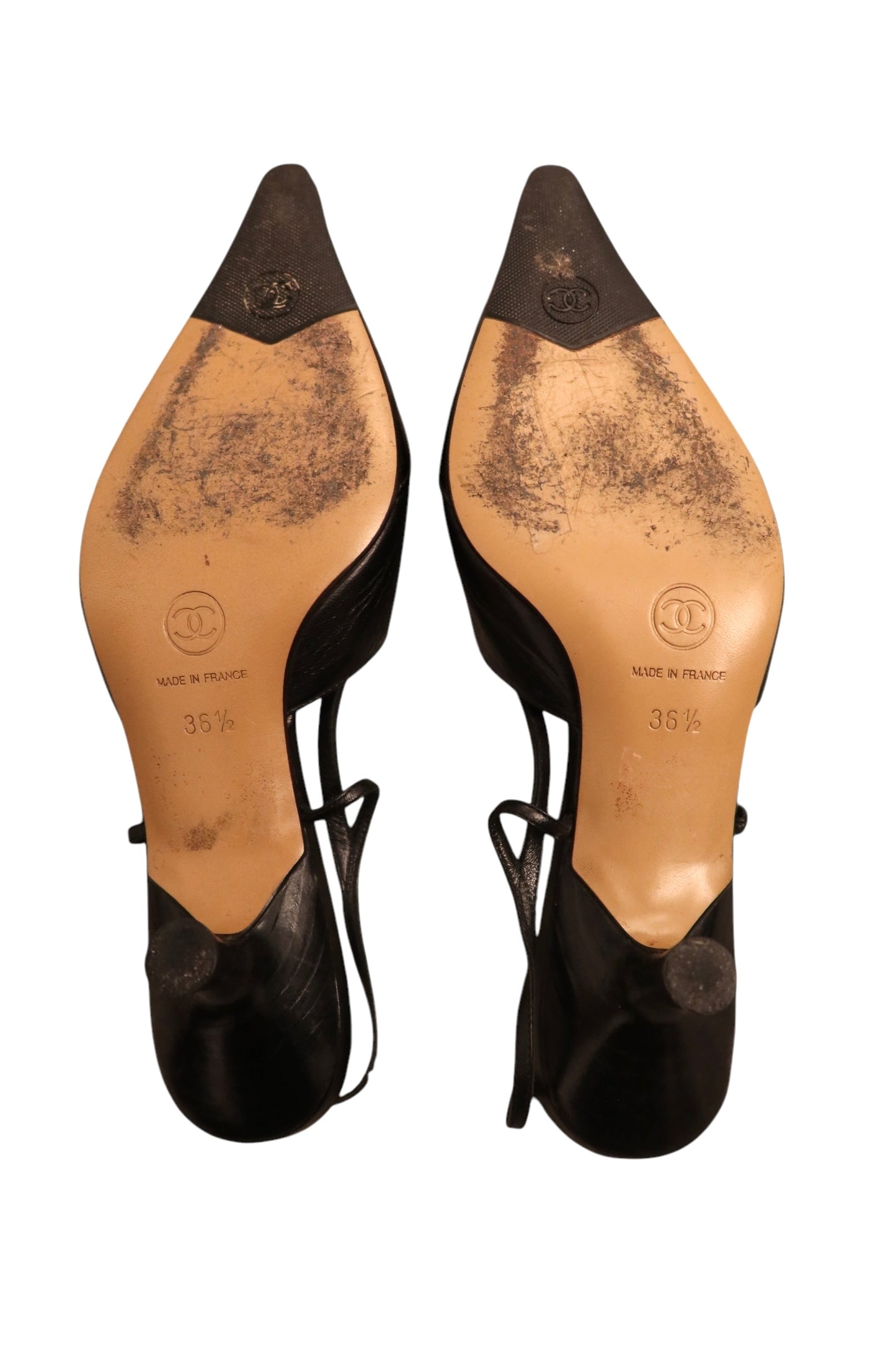 Chanel black leather CC logo cap toe slingback (36.5)