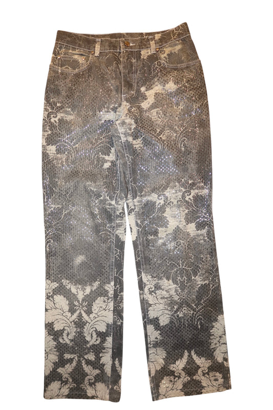 Roberto Cavalli gray jeans with baroque and metallic print (M)