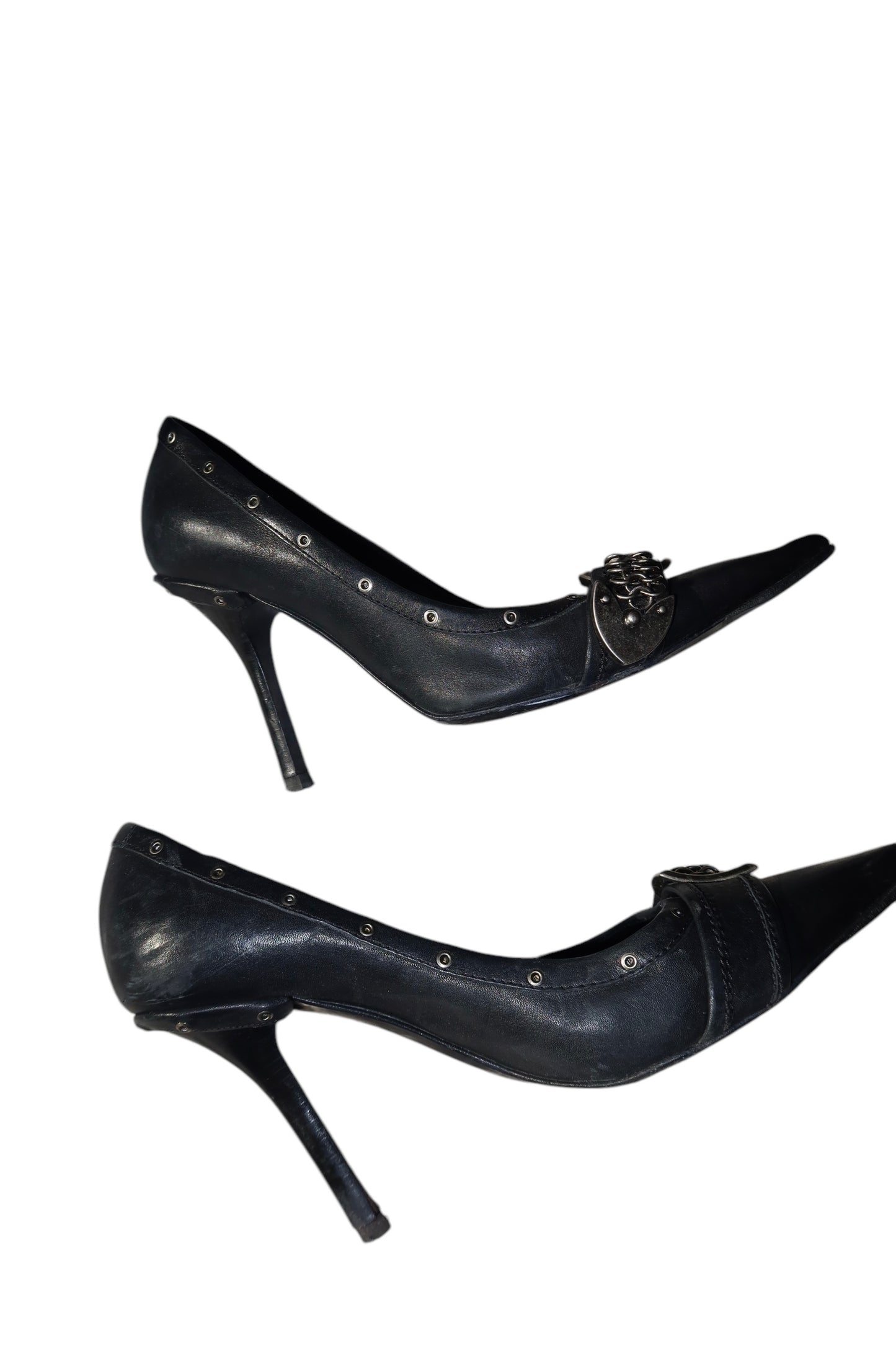 Dior black leather heels with iconic D buckle chain embellishment (36.5)