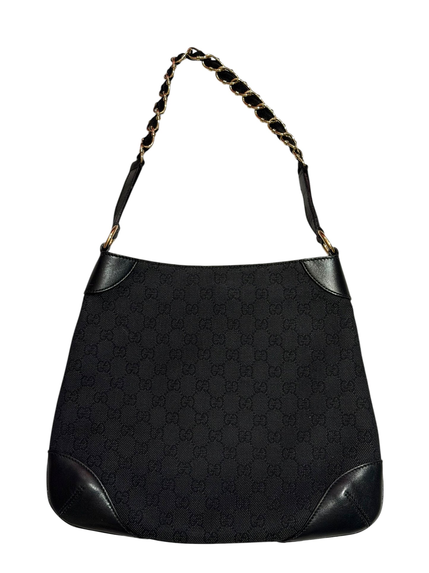 Gucci black gg canvas and leather bag with gold chains