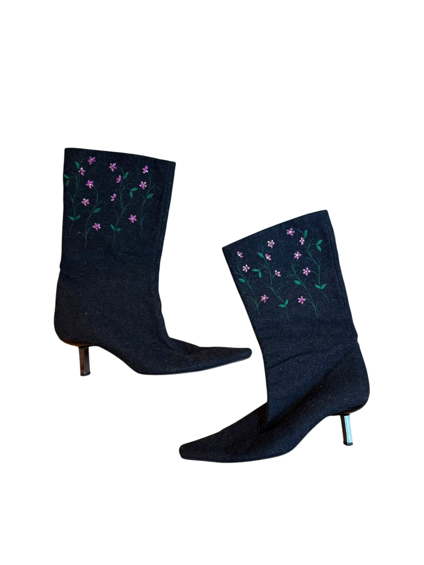 Bruno Magli grey felt boots with pink flower details (8.5B)