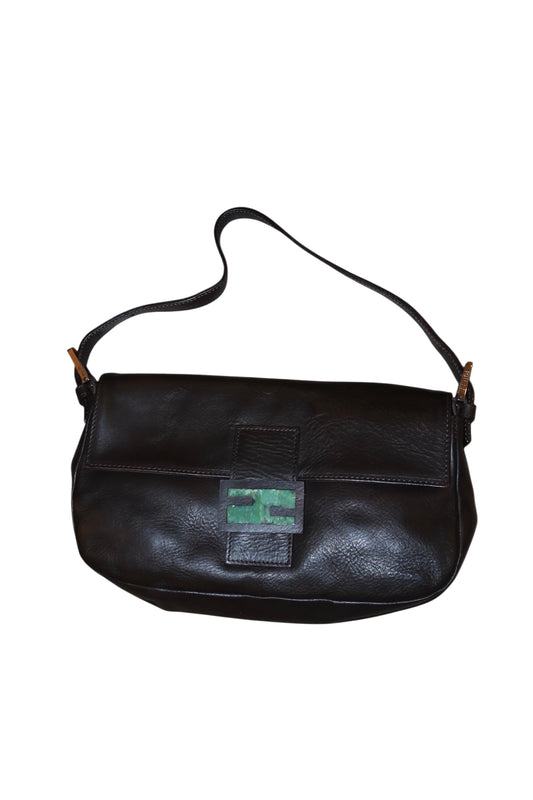 Fendi dark brown baguette bag with green stone logo