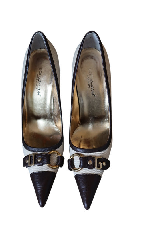 Dolce & Gabbana DG buckle canvas and brown leather heels (39.5)