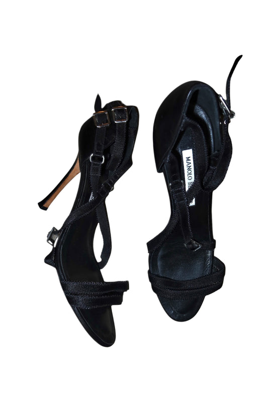 Manolo Blahnik black lace strap heels with silver accents (40.5)