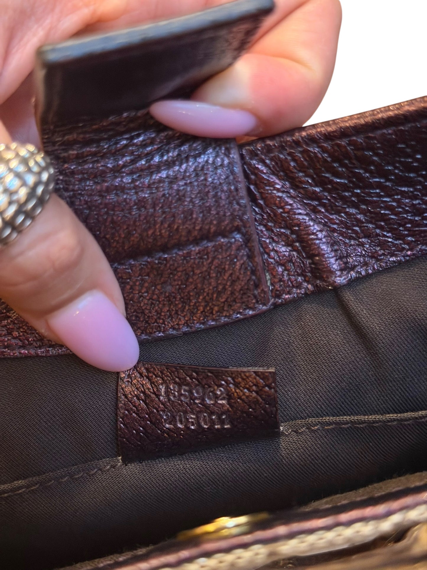 Gucci GG canvas burgundy leather trim bag with bamboo ring detail