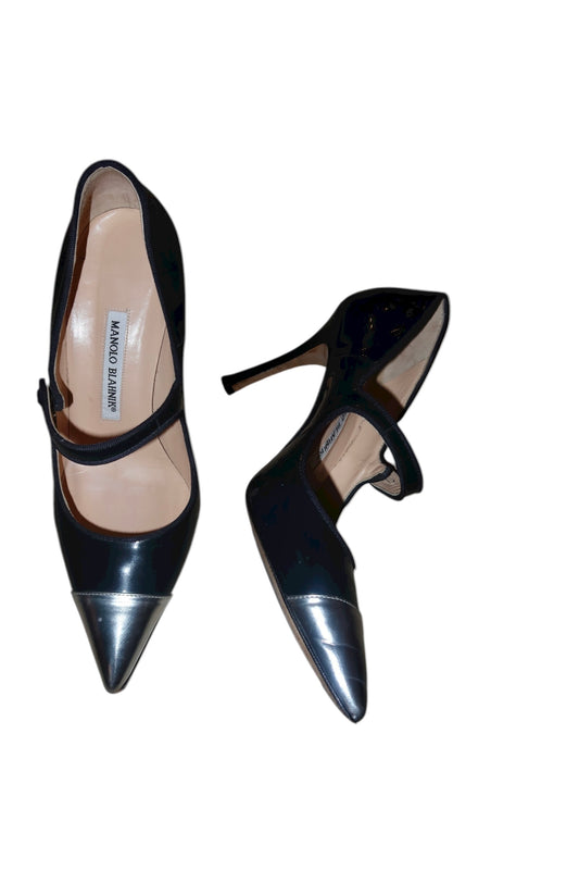 Manolo Blahnik navy blue patent leather with silver toe mary jane heels (38.5)
