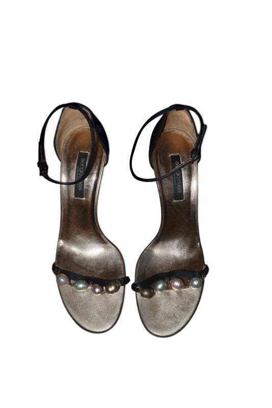 Sergio Rossi black satin heels with multicolor pearls (38)