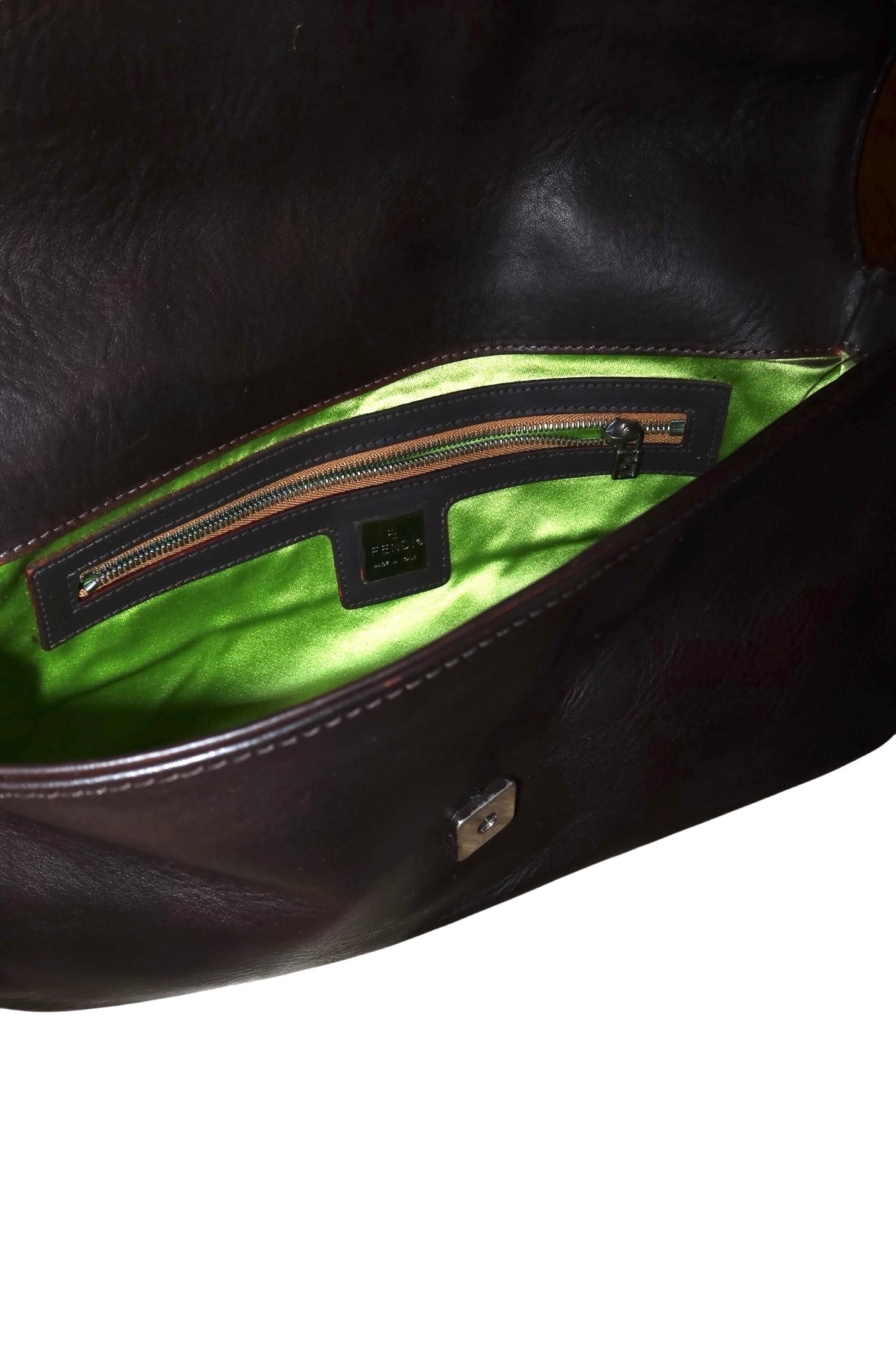 Fendi dark brown baguette bag with green stone logo