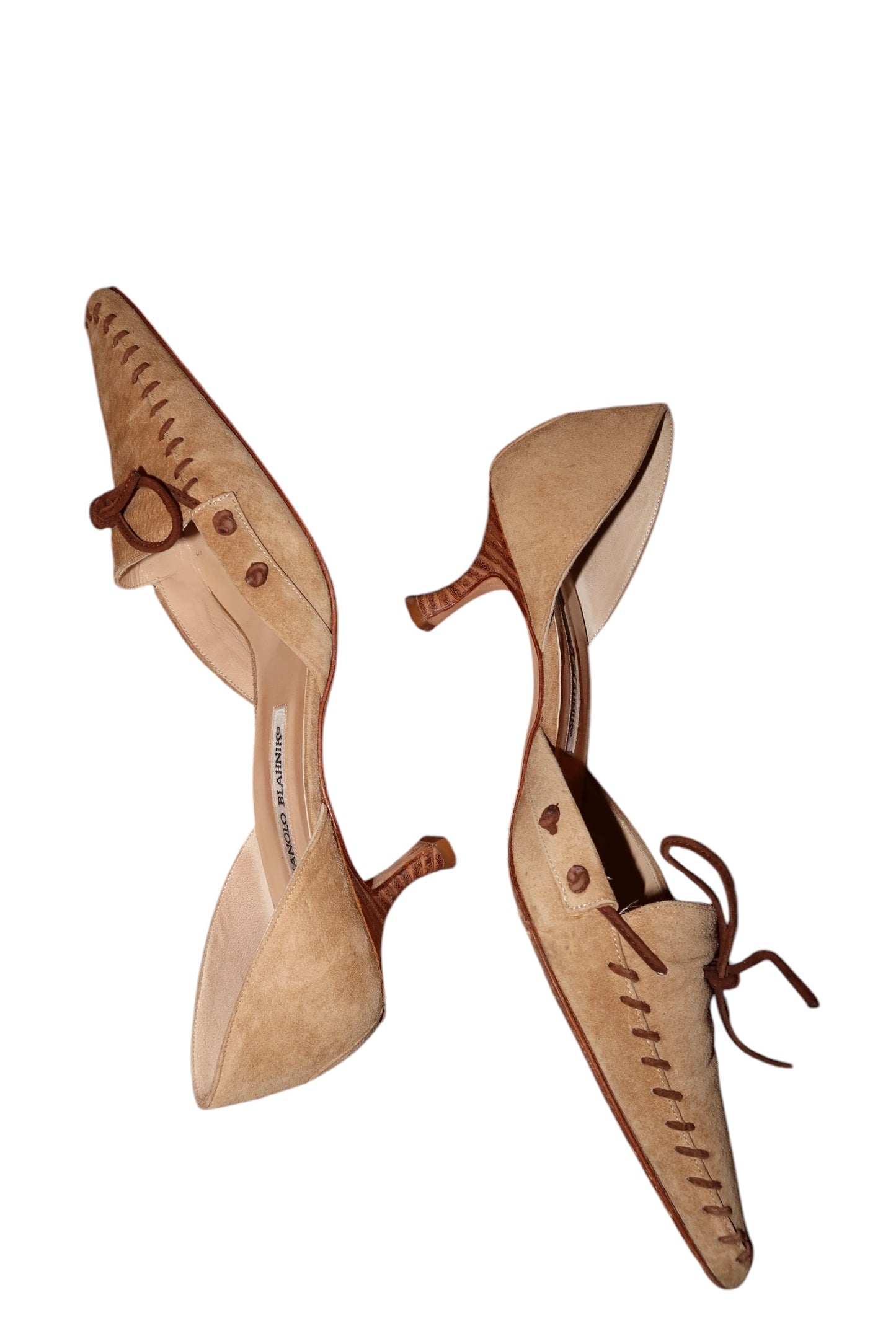 Manolo Blahnik light brown suede d’orsay heels with dark brown bows (39.5)