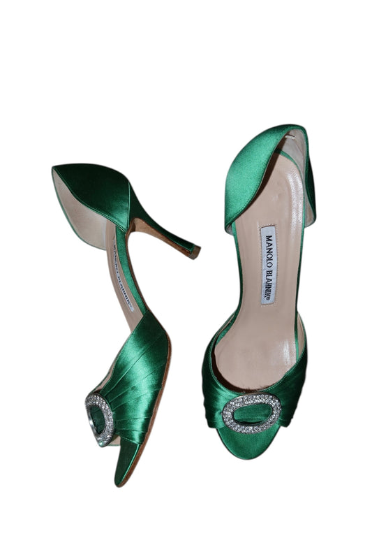 Manolo Blahnik green satin Sedaraby heels with round rhinestone buckle (37)
