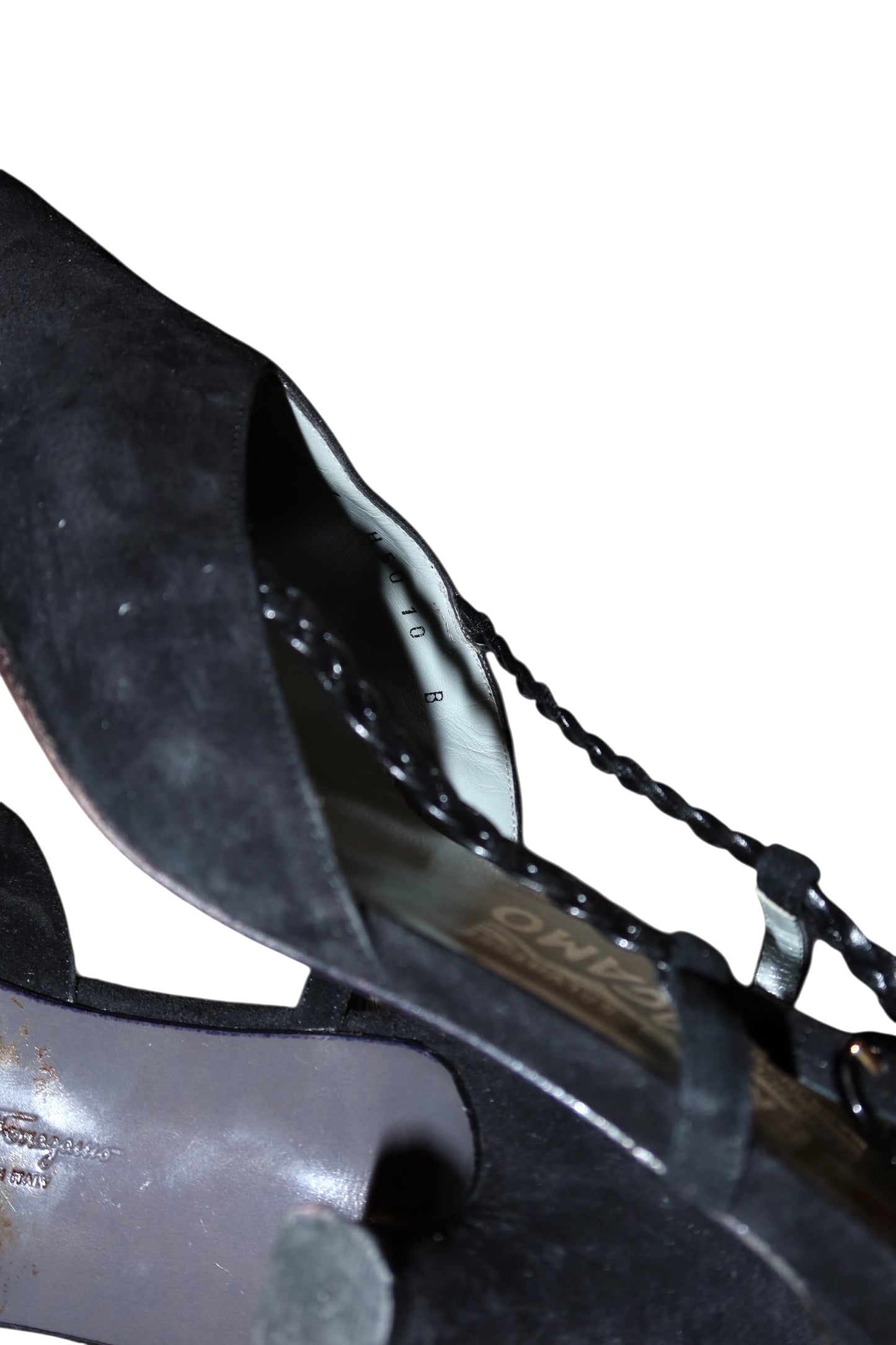 Salvatore Ferragamo black suede heels with braided slingback detail (10)