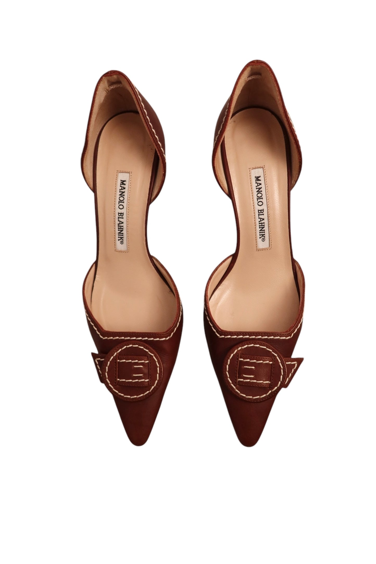 Manolo Blahnik brown heels with white stitching detail (37.5)