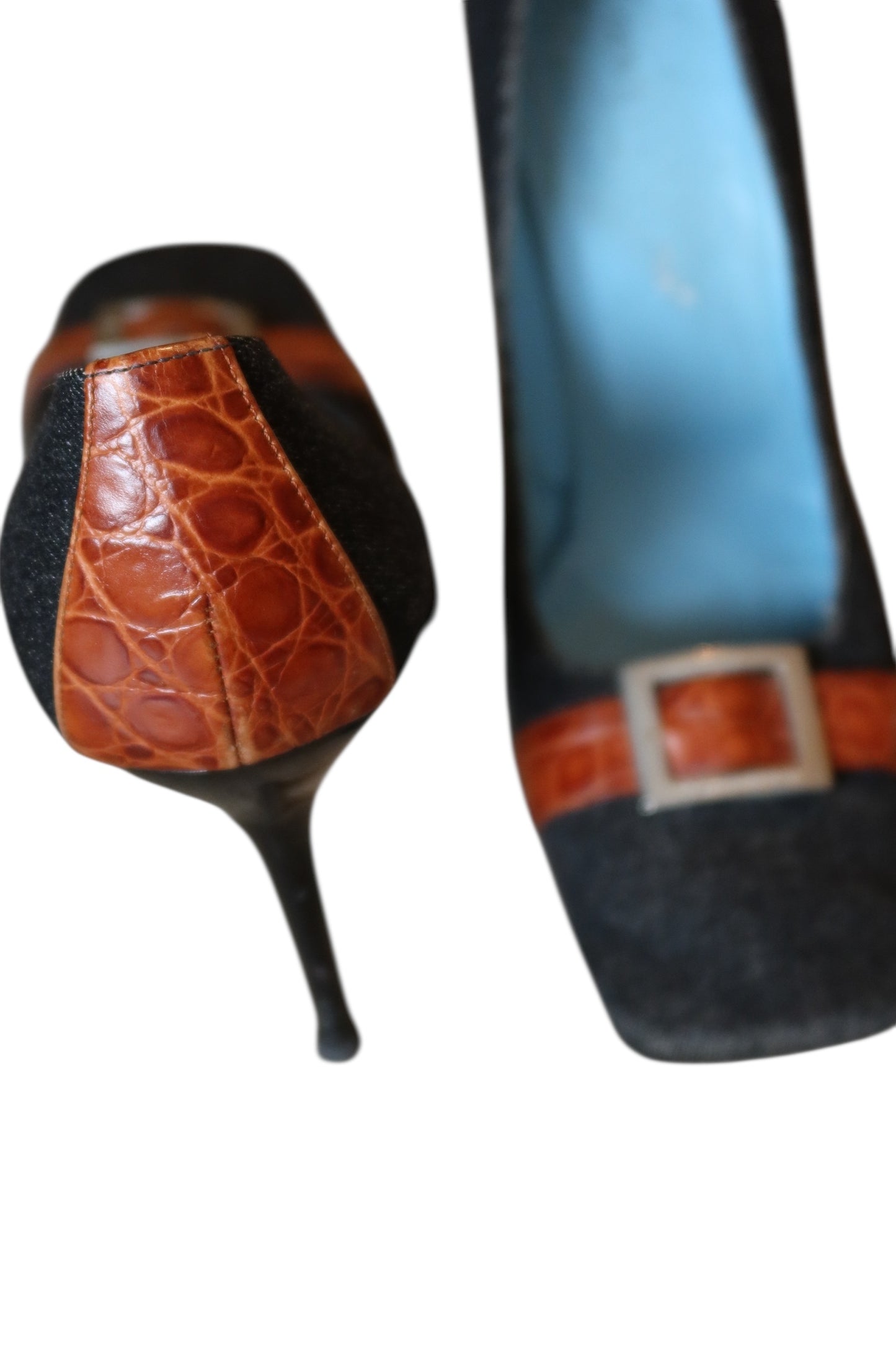 Dolce & Gabbana dark denim square toe heels with leather strap and silver buckle (39)