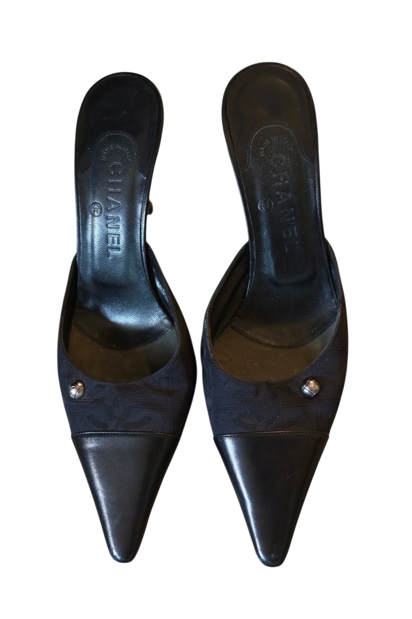 Chanel black canvas and leather mules (39.5)