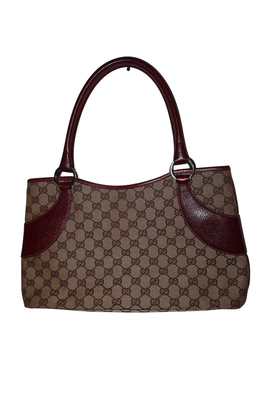 Gucci monogram shoulder bag with burgundy leather detail