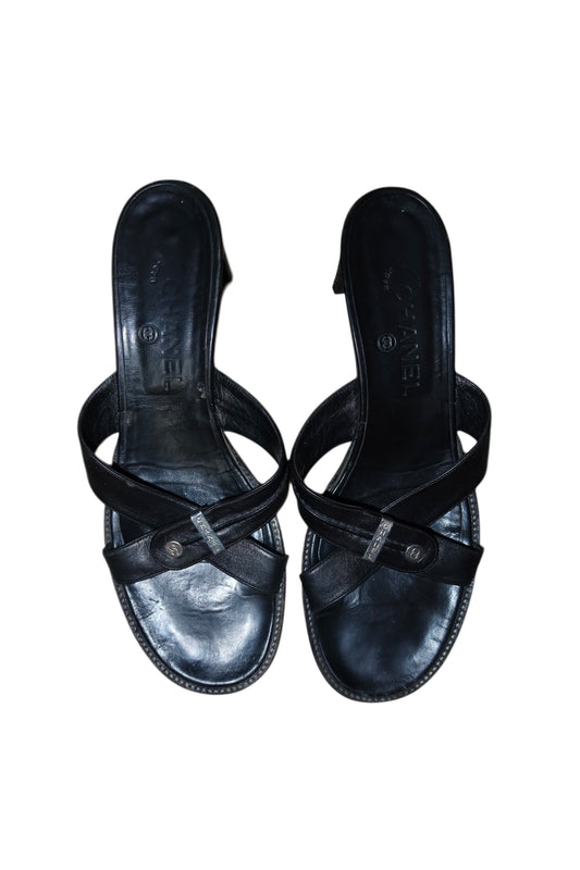 Chanel black leather sandal mules with silver details (40.5)
