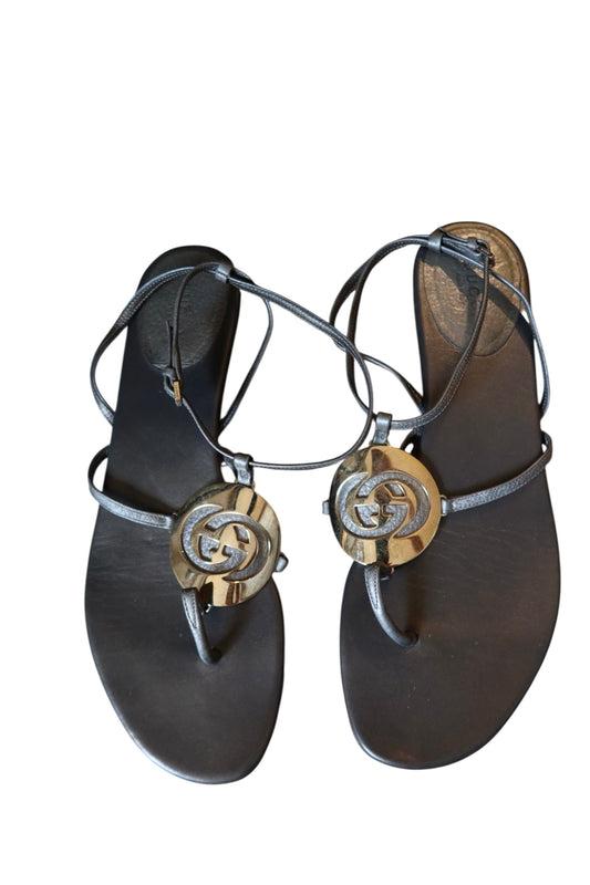 Gucci metallic grey sandals with GG gold logo (39)