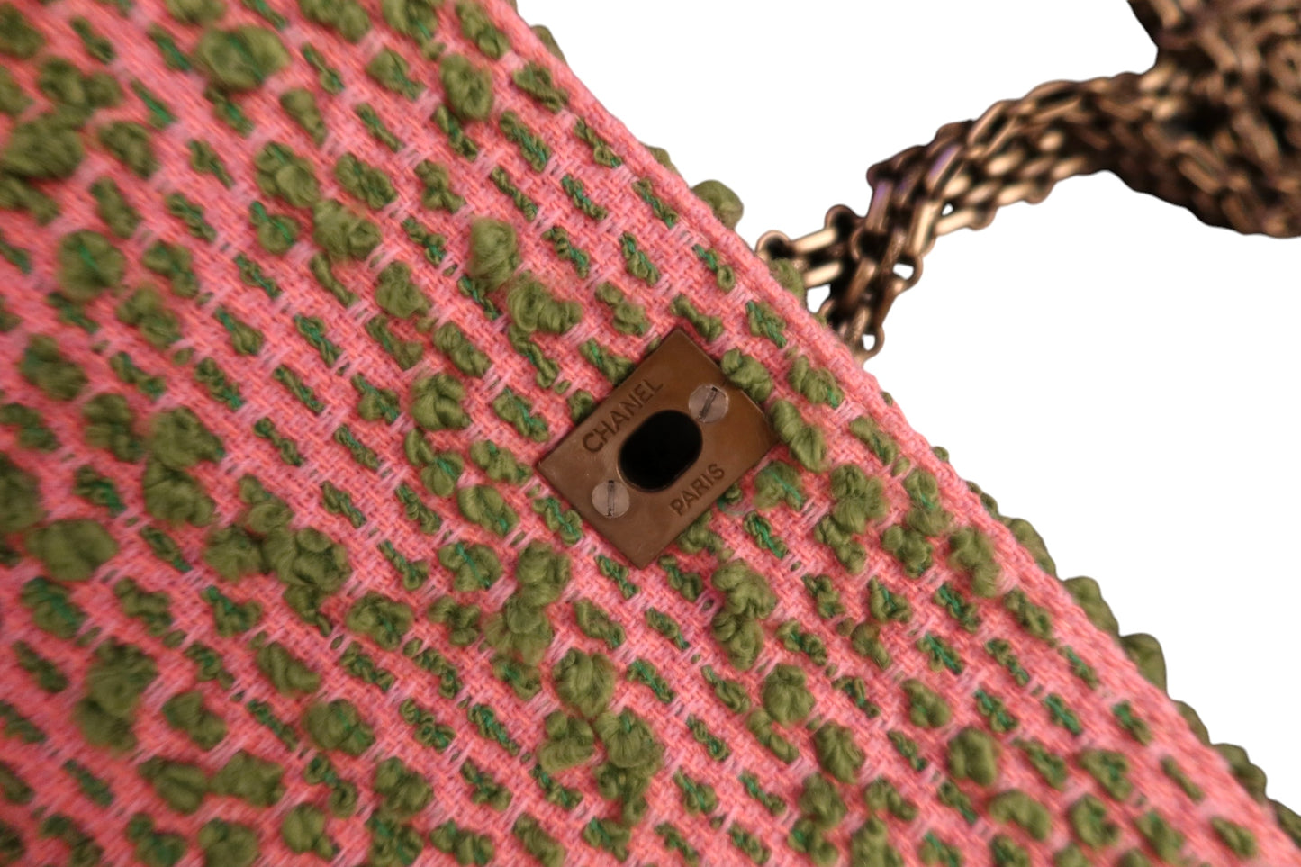 Rare Chanel flap bag quilted in pink and green tweed, reissue chain