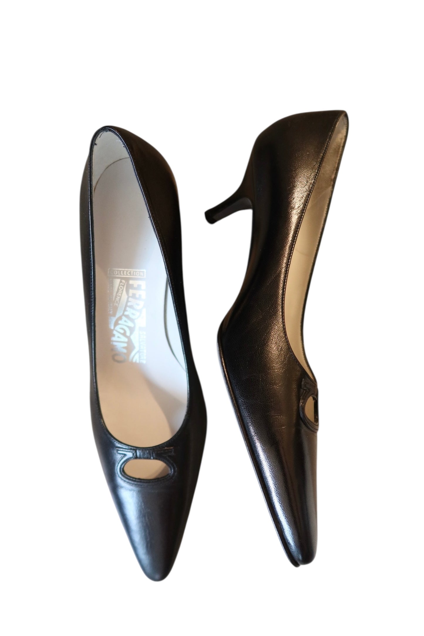Ferragamo black kitten heels with logo detail (6.5)