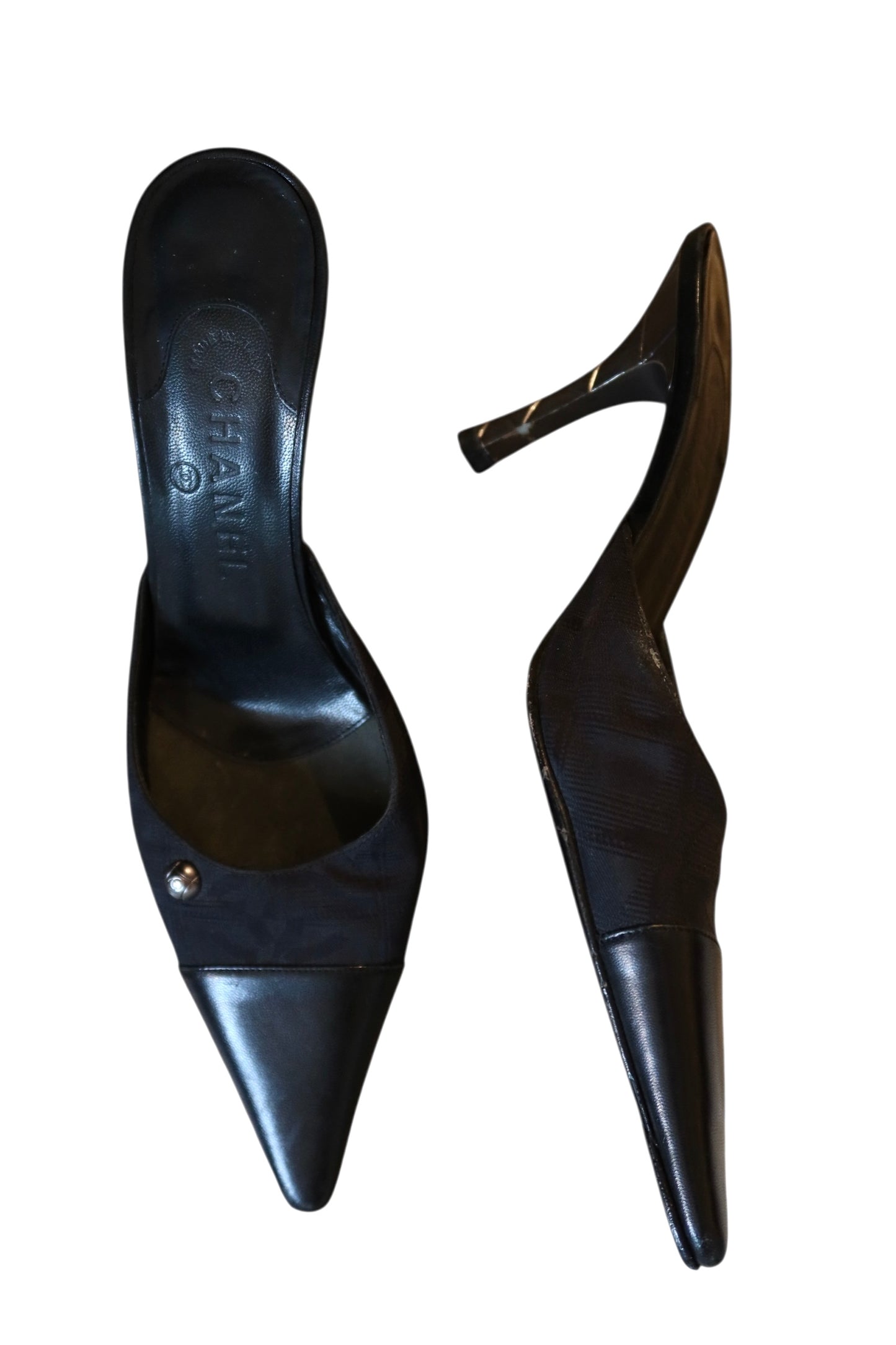 Chanel black canvas and leather mules (39.5)