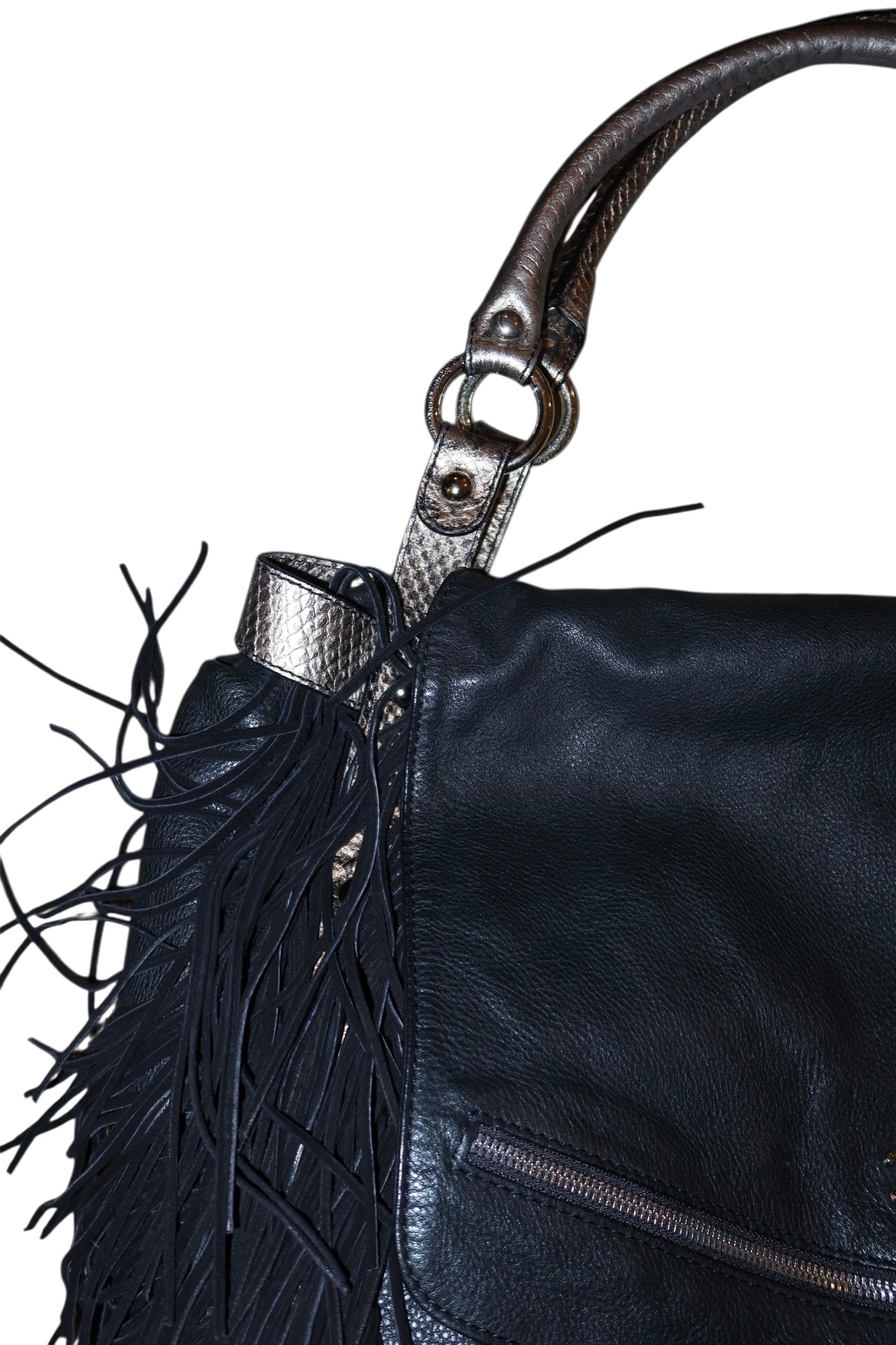 Just Cavalli large black eco leather bag with fringes
