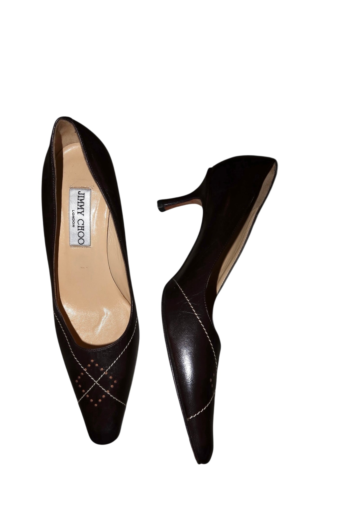 Jimmy Choo dark brown chocolate heels with white and tan details (37)