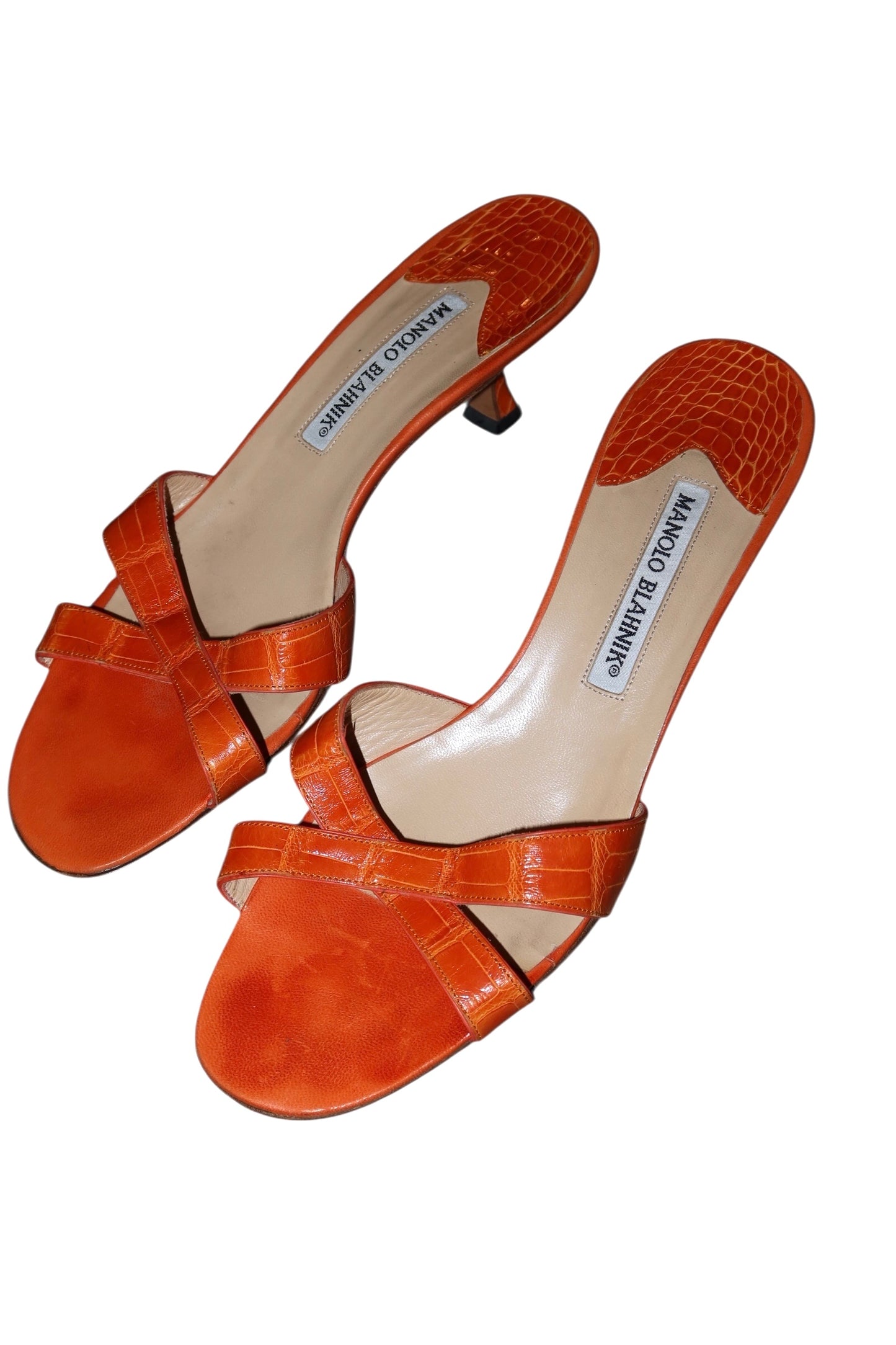 Manolo Blahnik orange lizard sandal heels (38.5)